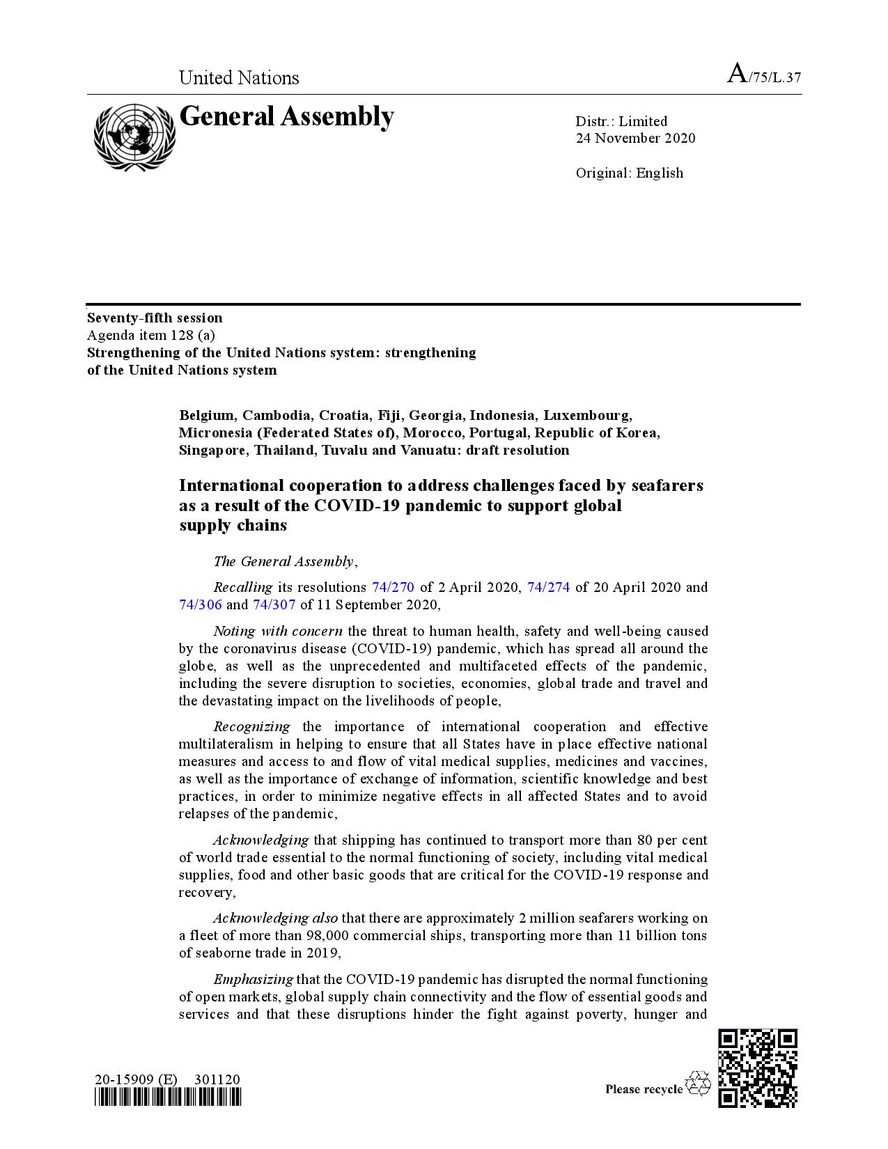 UN RESOLUTION ON SEAFARERS page 001